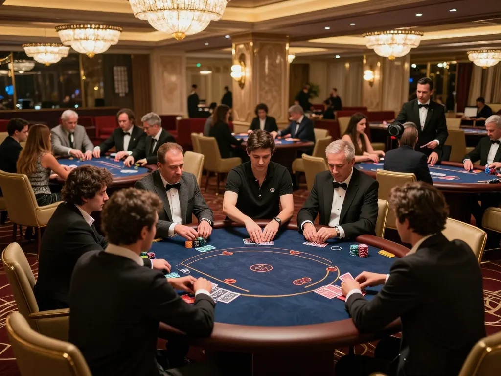 MM99 players engaging in a high-stakes poker game at an upscale casino VIP area with rich decor and ambient lighting.