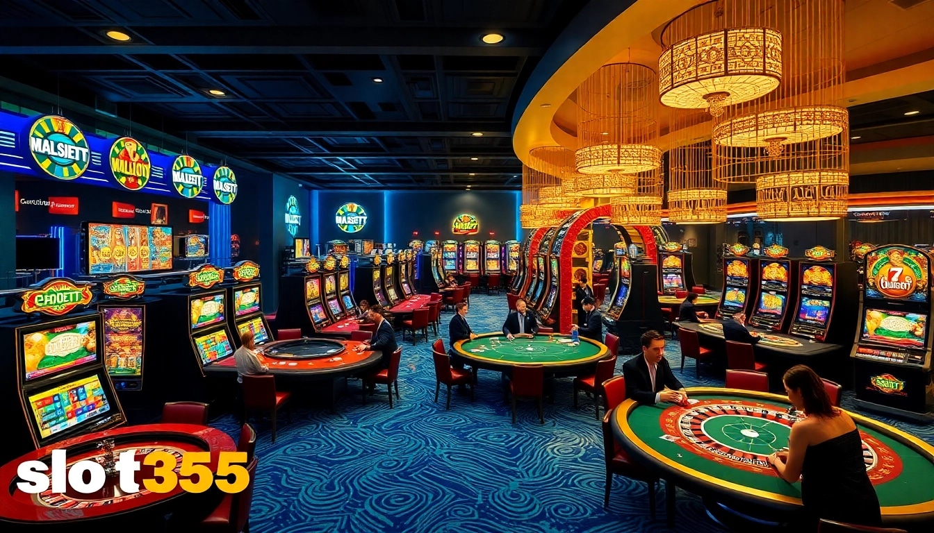 SLOT365 offers diverse slot machines in a vibrant casino scene filled with excitement and luxurious ambiance.