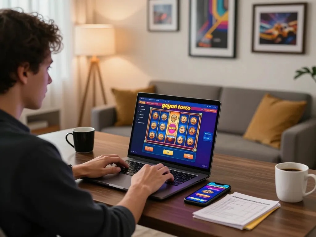 Engaging gameplay on gajah toto online casino slot with vibrant graphics on laptop screen