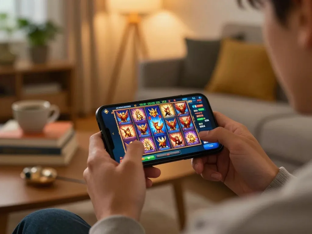 Engaging player enjoying a garuda slot game on a smartphone in a cozy setting, emphasizing responsible gambling.