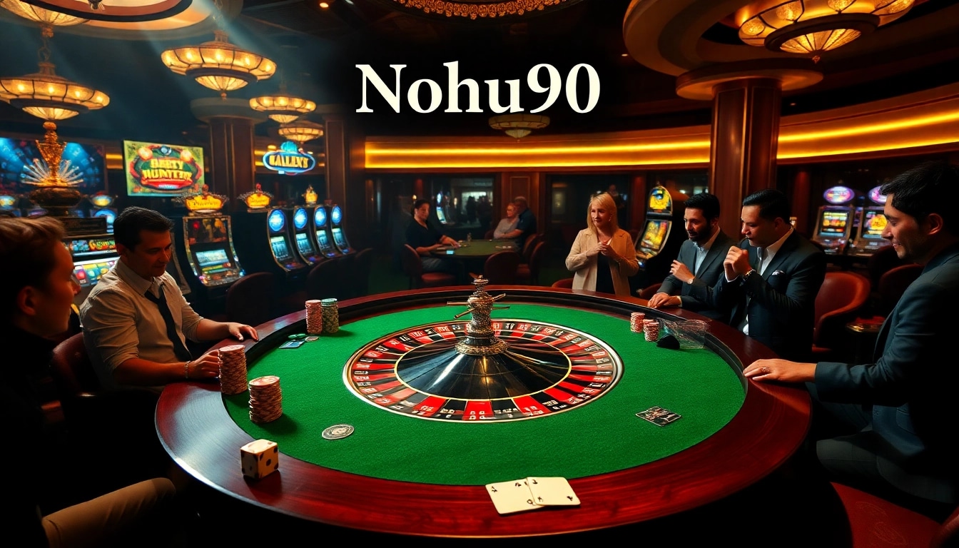 Players enjoying a thrilling game at the Nohu90 casino table, surrounded by vibrant casino elements.