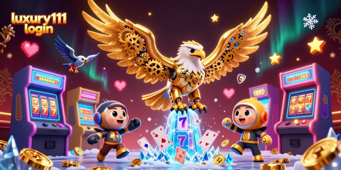 Engage in thrilling action with luxury111 login, featuring a cybernetic eagle amidst vibrant casino elements.