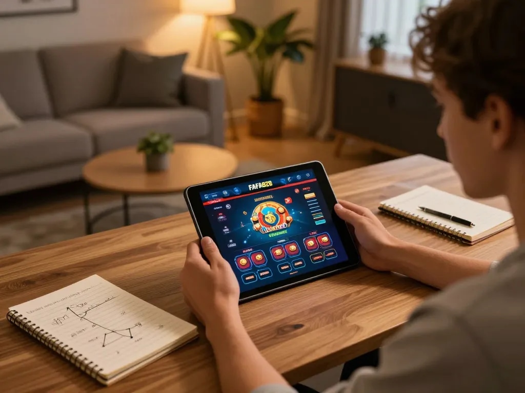 Engaged player using FAFA828 online casino app on tablet while analyzing strategy notes.