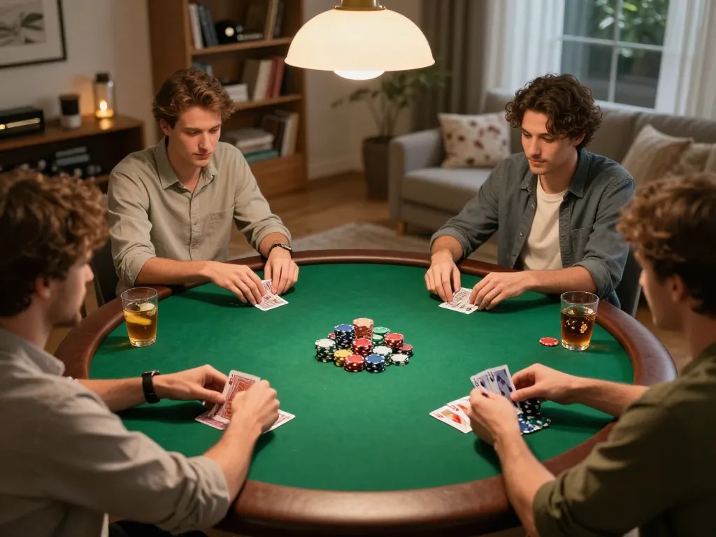 Engaging home poker night scene with players enjoying 28bet đăng nhập strategies and vibrant gameplay.