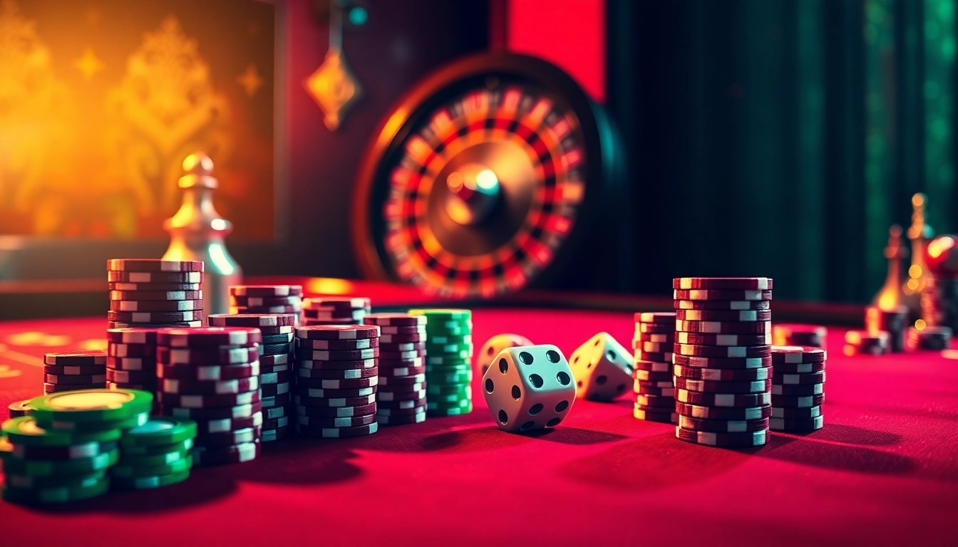 Trải nghiệm sự phấn khích tại casino LUCK8 với bàn chơi sang trọng và những chiếc chip poker sống động.