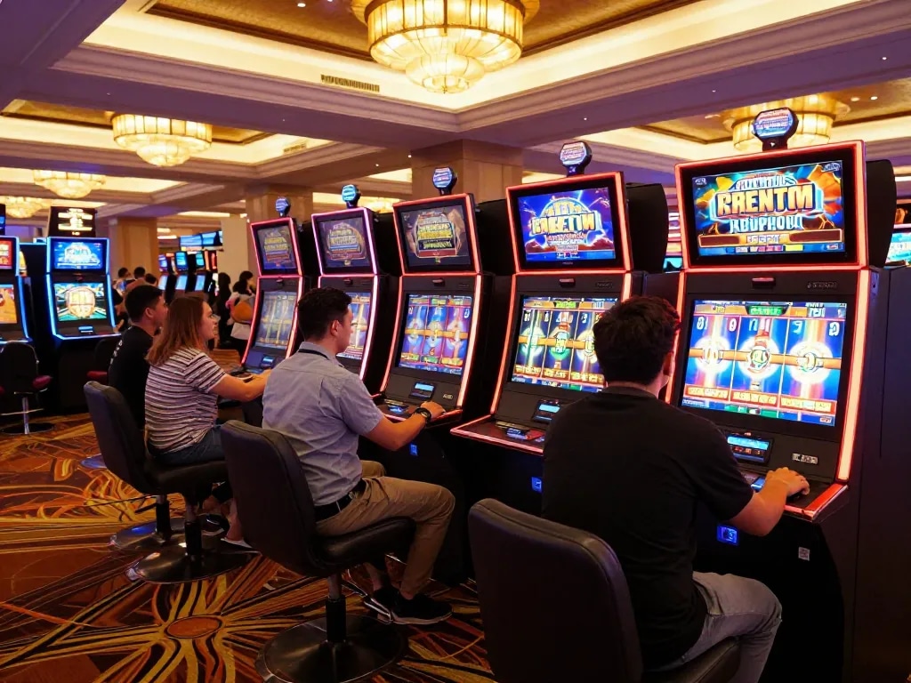 Players enjoying vibrant slot6000 machines with high stakes in an upscale casino.