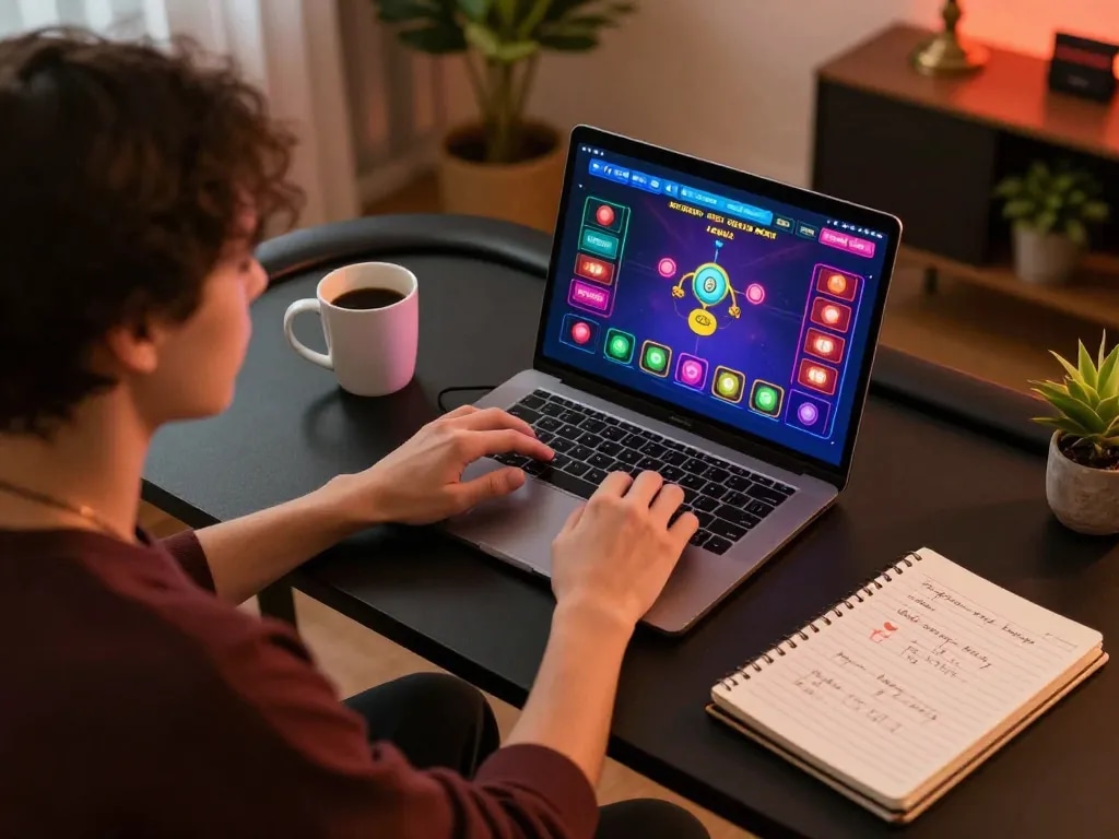 Engaged user playing online poker on w188 com platform at home while noting strategies in a notebook