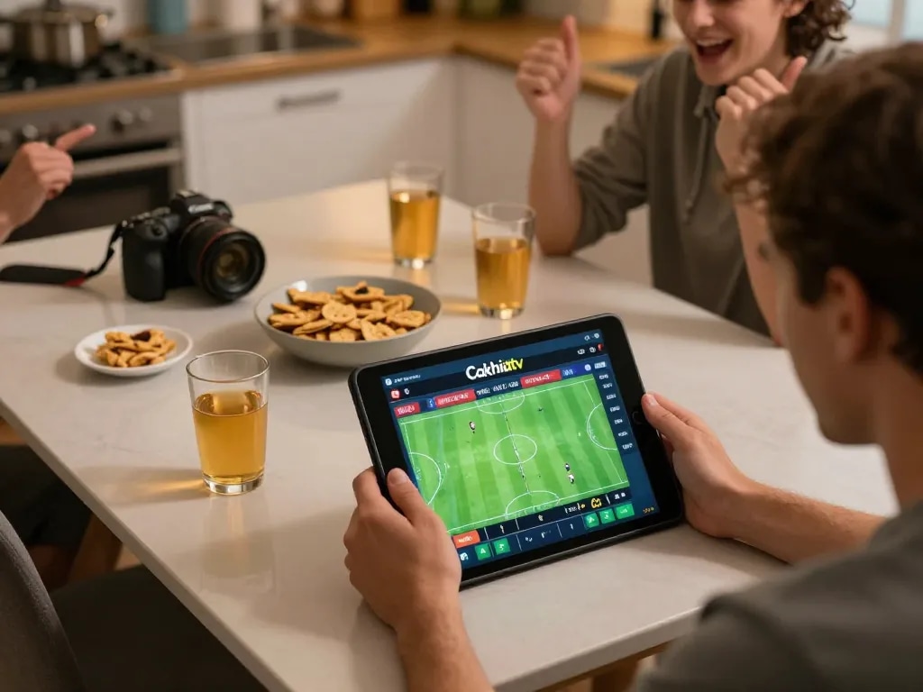 Cakhiatv sports betting scene with a person placing live bets on a tablet during a soccer match.