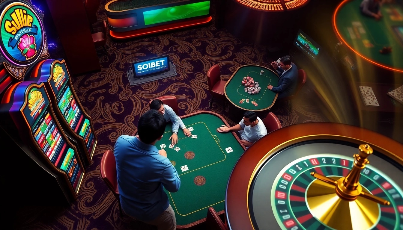 Experience the excitement of SOIBET's top gambling portal, showcasing a thrilling poker game and vibrant slots.