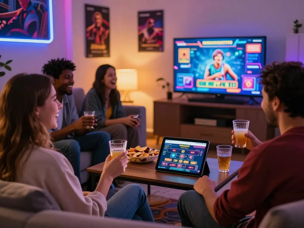 Exciting home gaming scene with friends engaging in wraungtoto activities, showcasing vibrant atmosphere and shared joy.