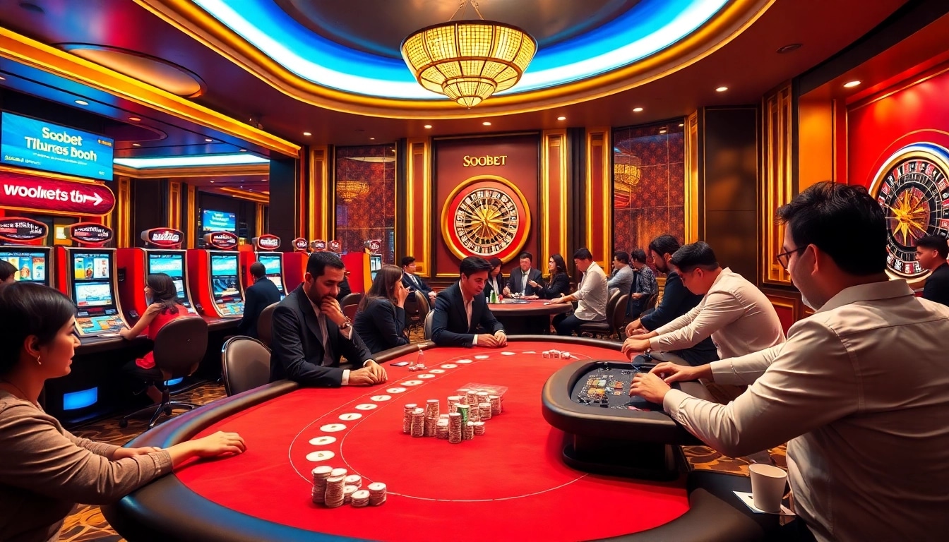 Sbobet betting booth showcasing thrilling casino action with poker tables and slot machines.