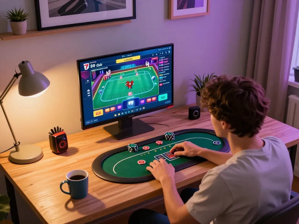 The player enjoys poker strategy using the 789 club app on their tablet, indicating a responsible gaming approach.