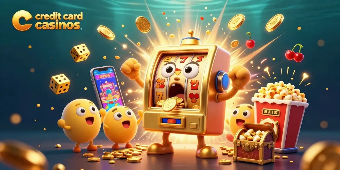 Experience excitement at credit card casinos as a golden slot machine celebrates a jackpot amidst cheering machines.
