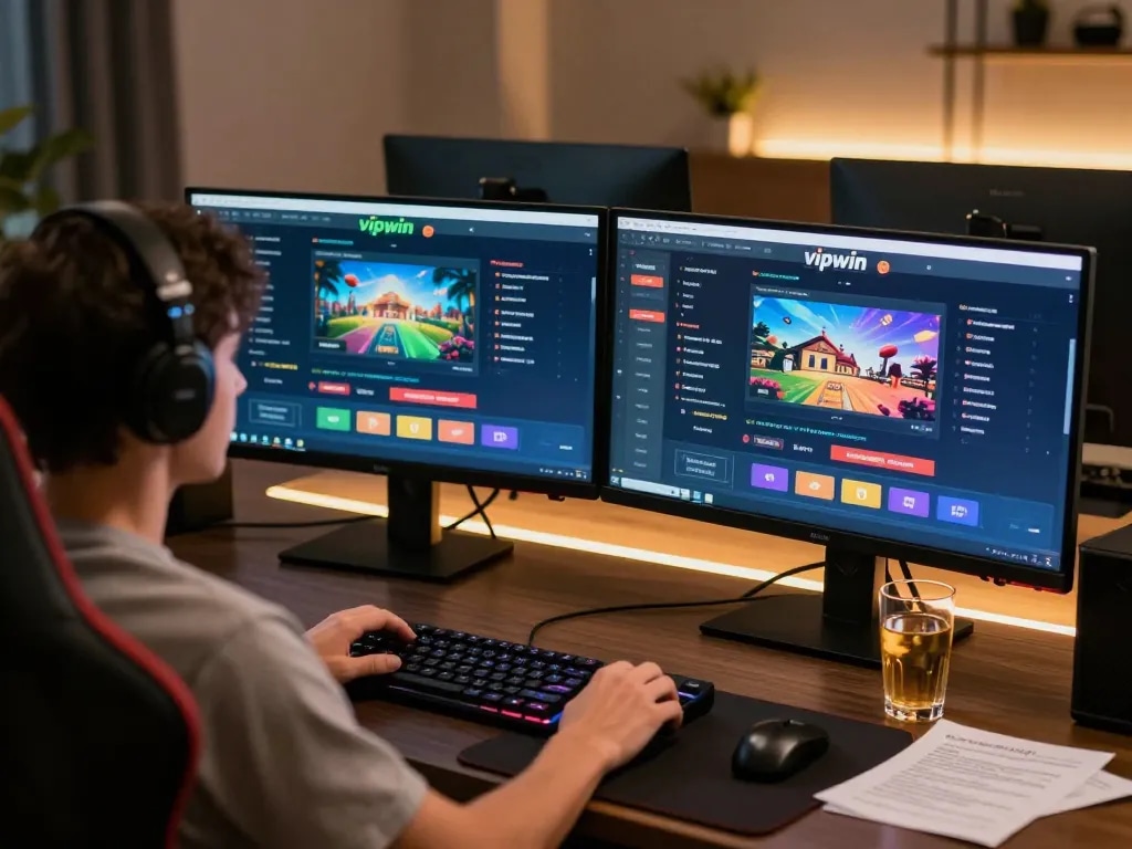 Engaging in strategic gameplay on vipwin with dual screens and responsible gaming notes.