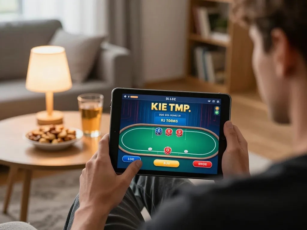 Player enjoying online poker on 888top tablet, showcasing gameplay atmosphere and strategic engagement.