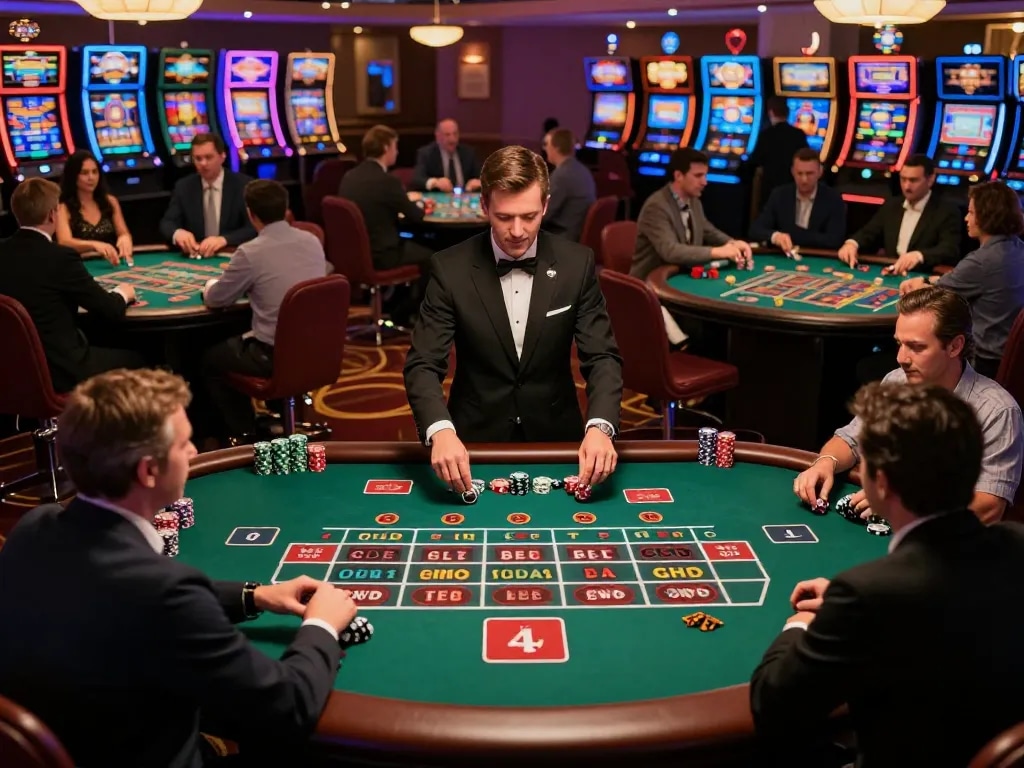 Betting excitement at a roulette table featuring the number 5679 among players at a vibrant casino.