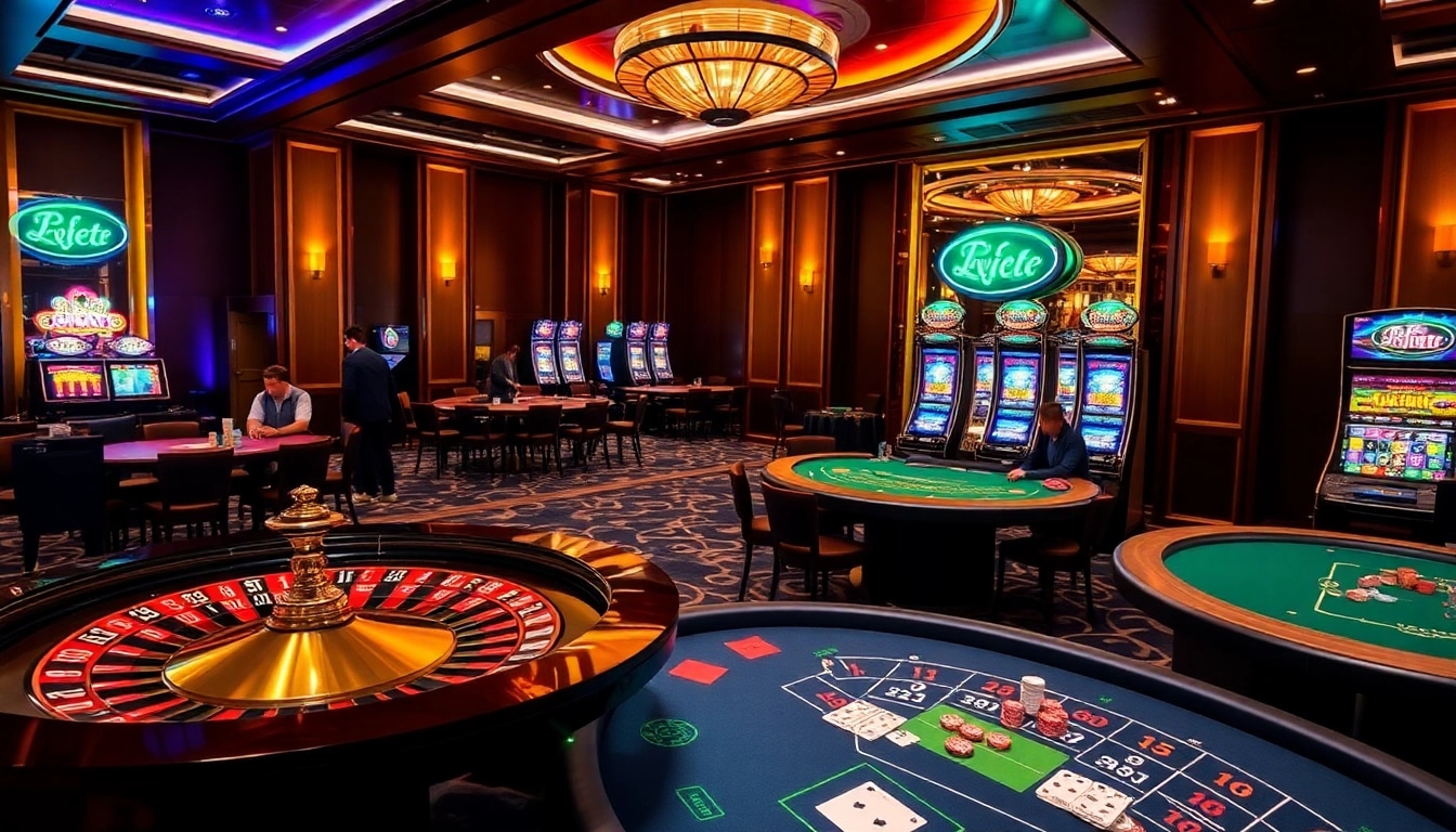 Experience the excitement of online betting at thabet.com with a vibrant casino scene featuring engaging players and luxurious gaming tables.
