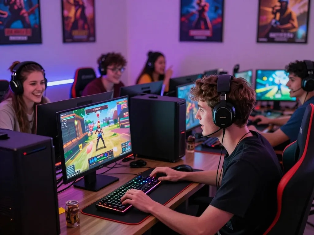 Engaging scene of players enjoying various porn games online in a cozy gaming lounge, highlighting modern interactive adult gaming culture.