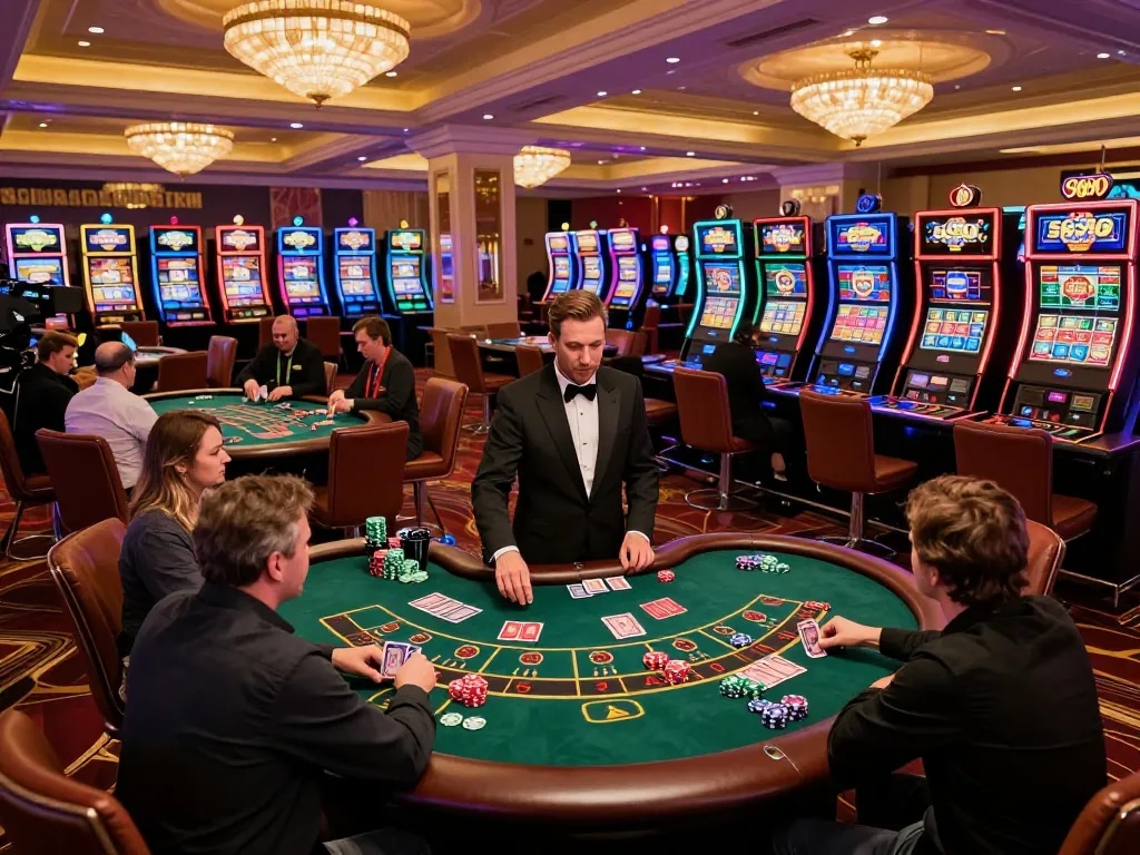 Players at 5699 Casino excitedly strategizing during blackjack game in vibrant atmosphere.