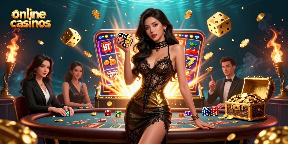 Win big at online casinos with a glamorous baccarat experience featuring golden chips and slot machines.