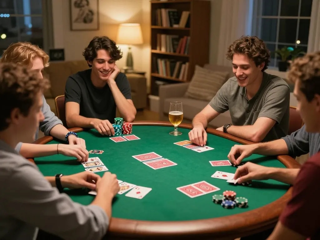 Engaging home poker night with friends playing around a table at the best widget store for gaming experiences