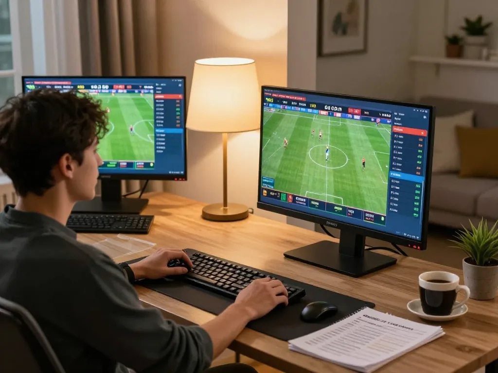 Okwintv user strategically placing sports bets on mobile while watching live football matches.