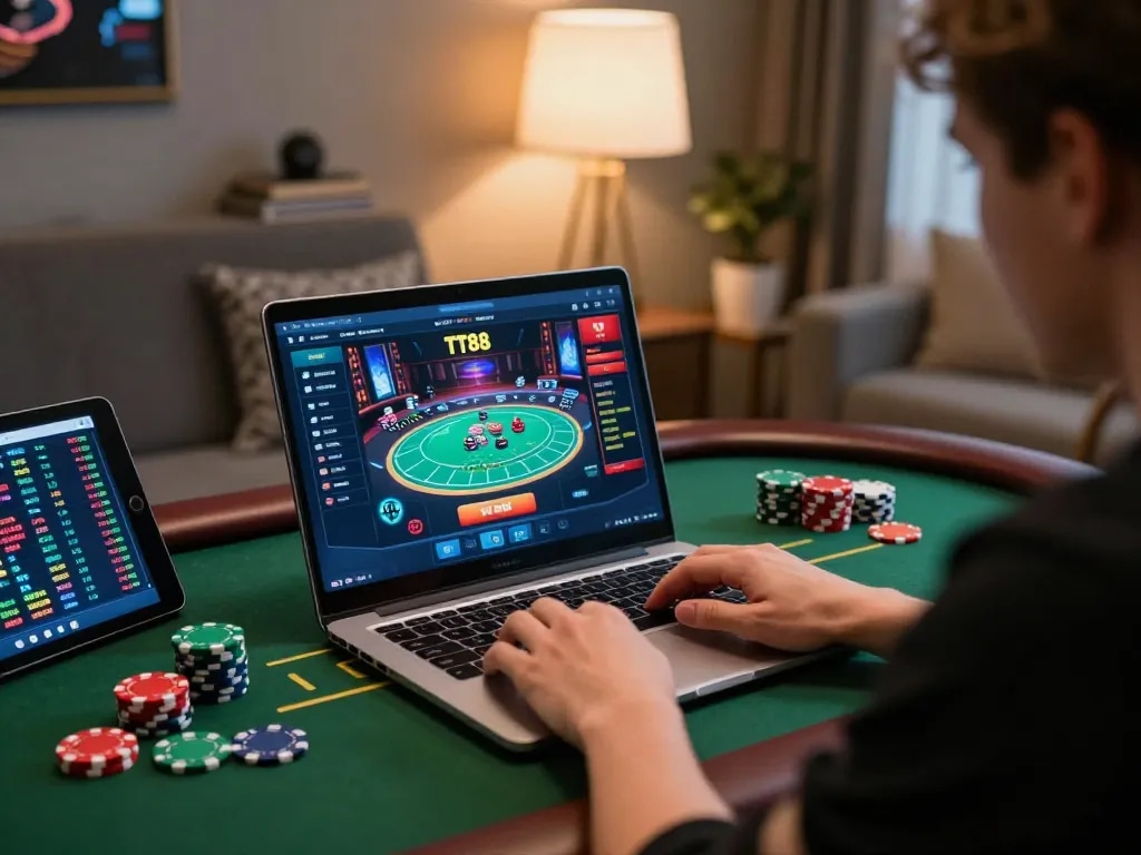 Player engaging with TT88 gaming platform on laptop, showcasing poker scene and strategic gaming accessories