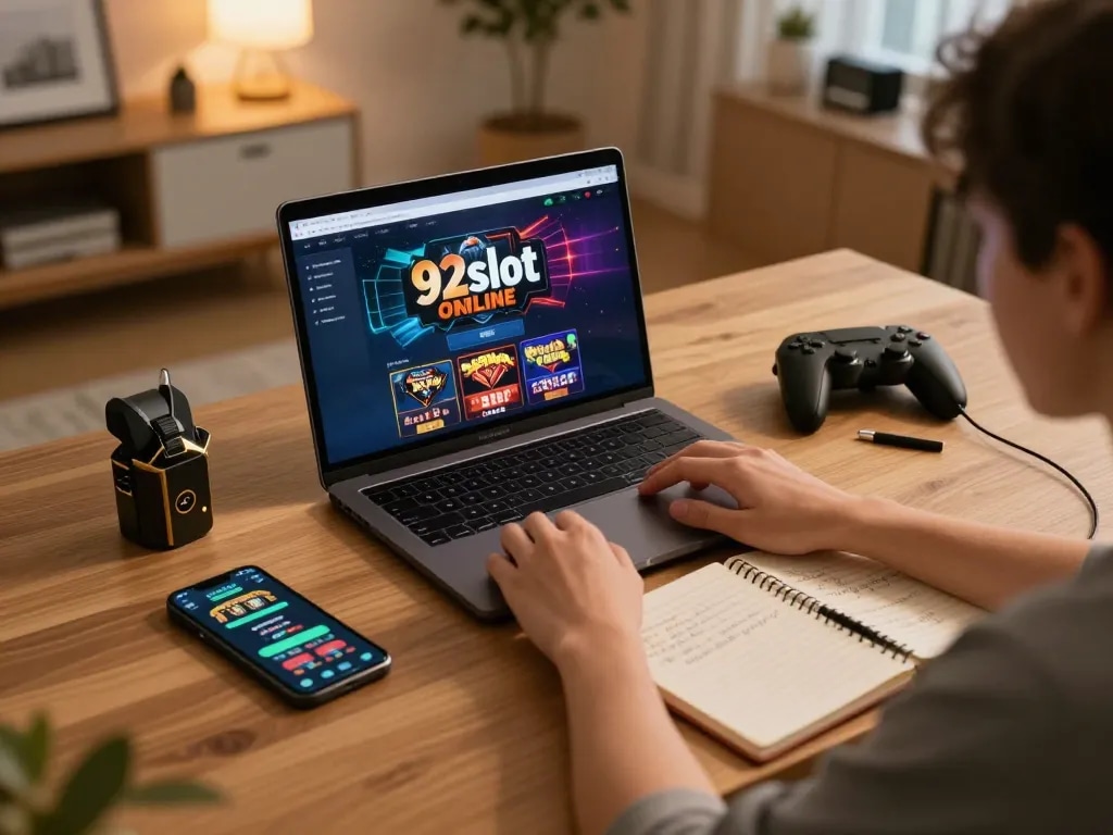 Player engaging with 92slot online casino on laptop in cozy home setup.