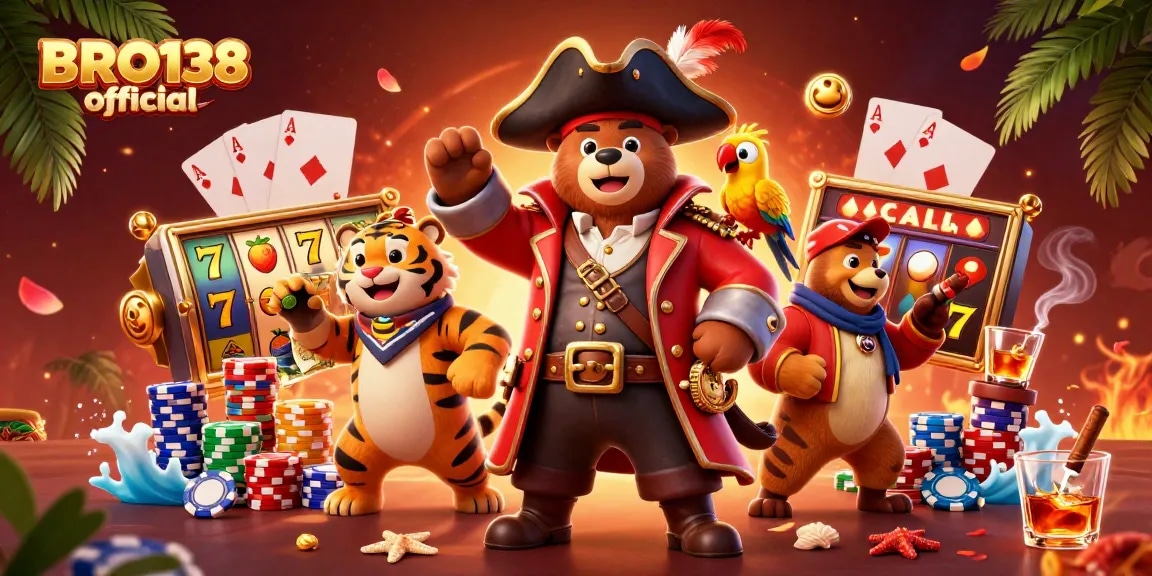 Engage with BRO138 official for exciting slot adventures featuring a pirate captain bear and dynamic casino elements.