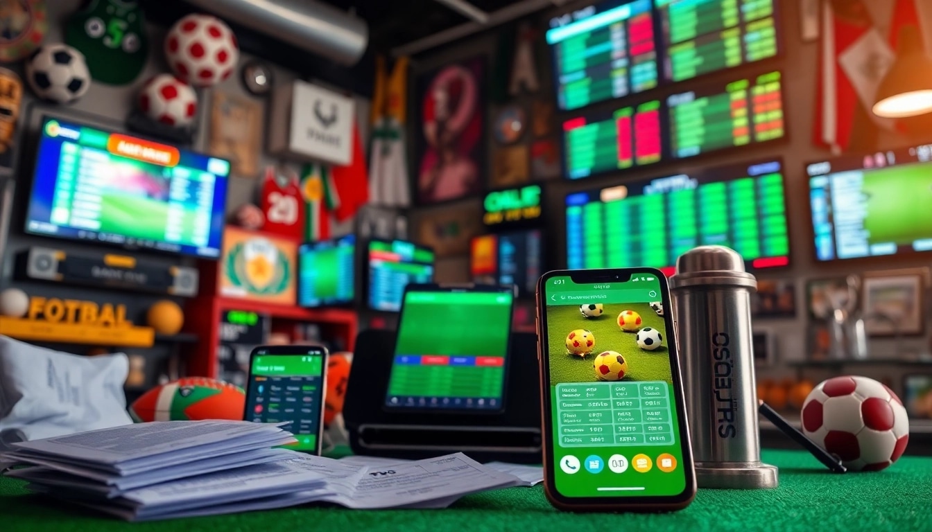 Engaging scene of online sportsbooks India with live betting screens and sports memorabilia.
