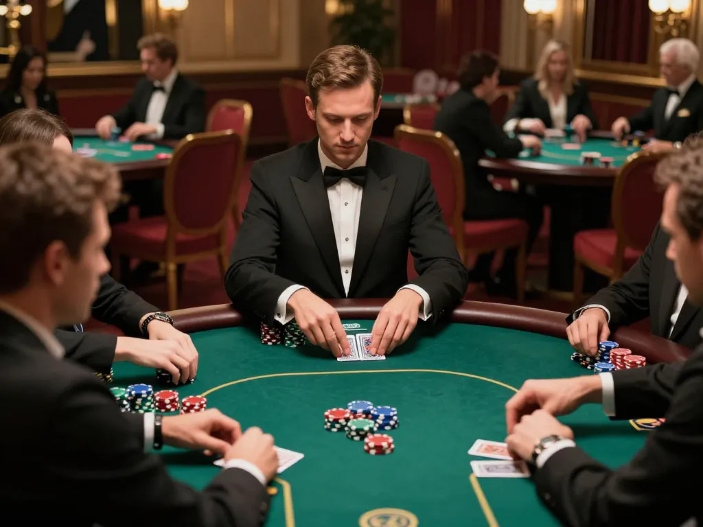 Players strategizing at an upscale Ok9 poker table, showcasing intense gameplay and excitement.