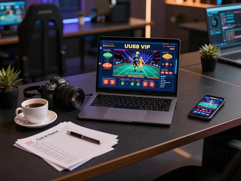 Engaged player reviewing UU88 VIP strategies on a laptop while sipping coffee