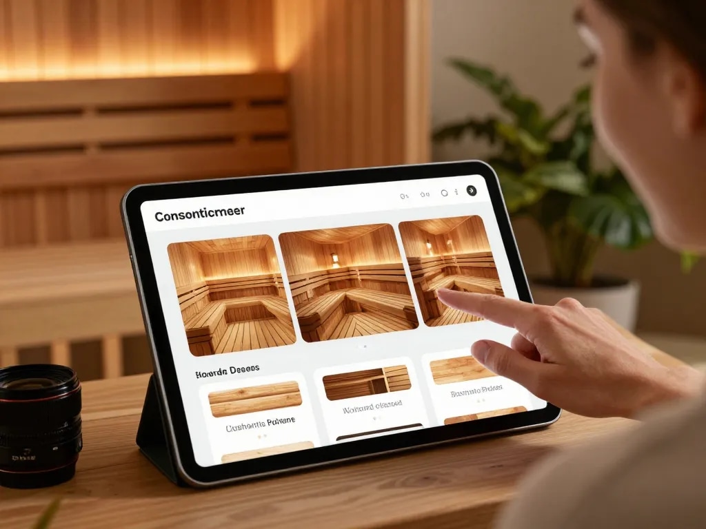 Customize your dream sauna 3D configurator interface on a tablet with warm home ambiance.