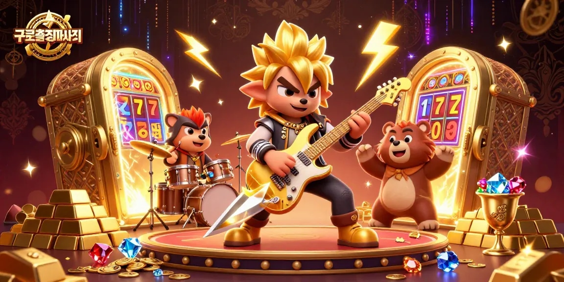 Experience the excitement of 구로출장마사지 with animated characters rocking the casino stage amidst piles of golden treasures.
