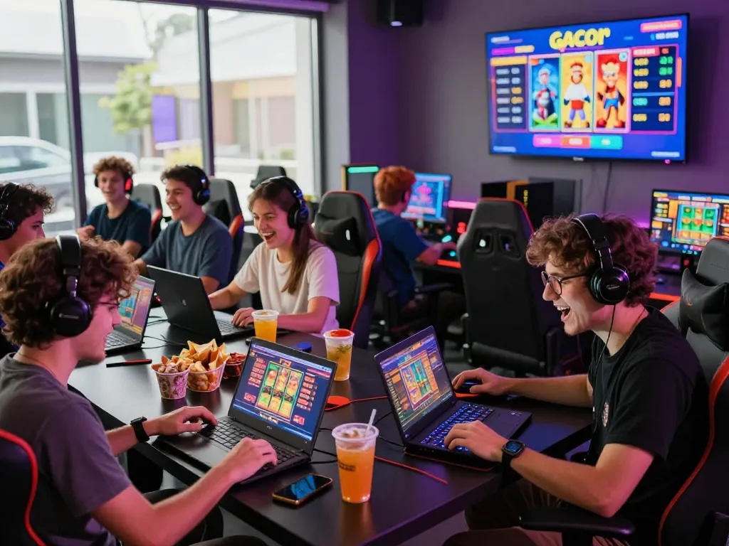 Players enjoying slot gacor games in a vibrant gaming lounge with LED lights.