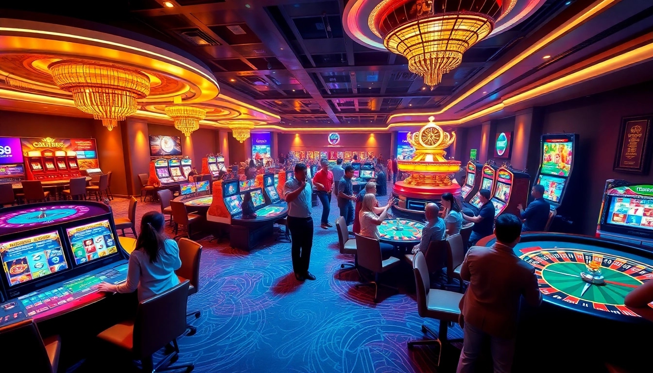 Players enjoying exciting games at the GO88 casino with vibrant slot machines and energetic atmosphere.