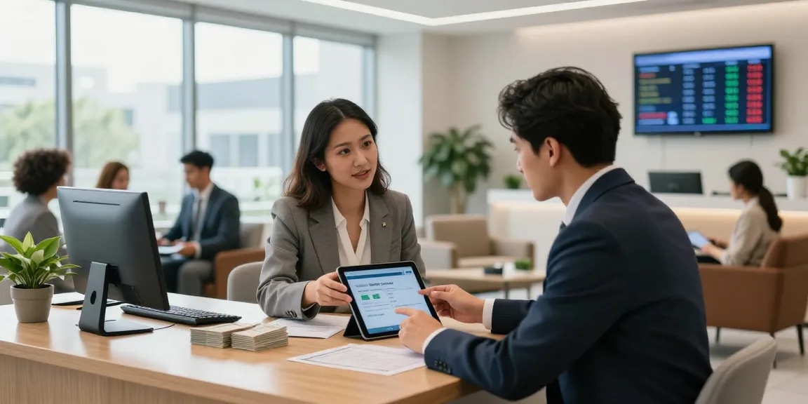 Customer discussing deposit 5000 options with a financial advisor in a bright modern banking environment.