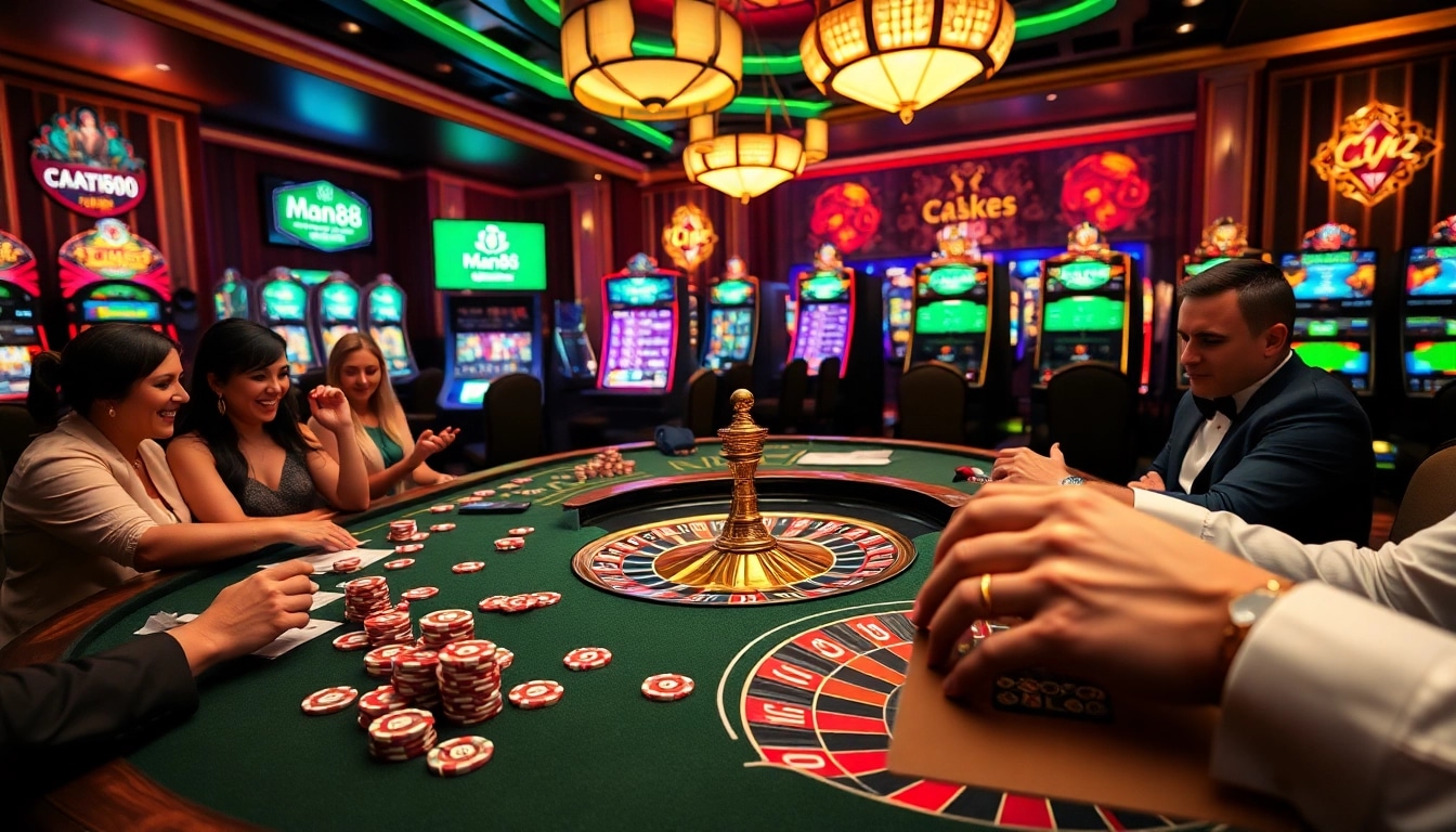 Experience the excitement of gambling at Man88, featuring a luxurious casino table and vibrant poker chips.
