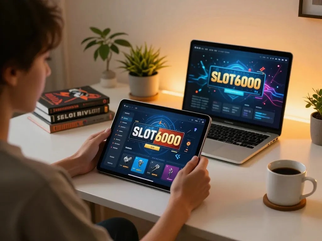 SLOT6000 online gaming interface on tablet during an evening strategy session