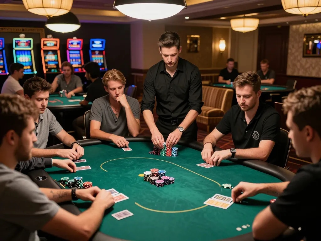 Players in a high-stakes poker game aiming to deposit 1k in their strategies for success.