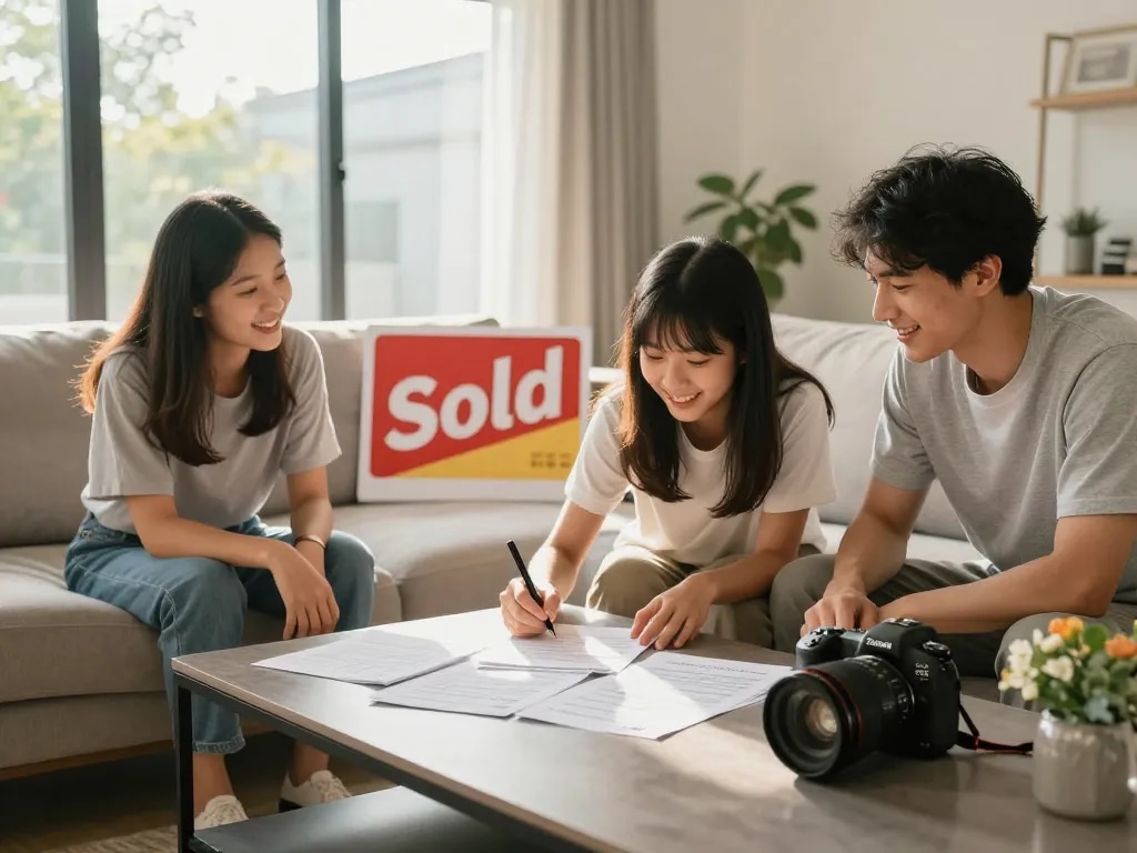 Sell my house fast for cash as a happy family finalizes their home sale in their cozy living room