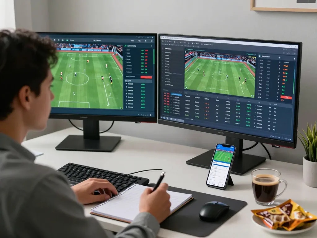 Analyzing live sports odds using keonhacai 5 app in a modern home office setting.