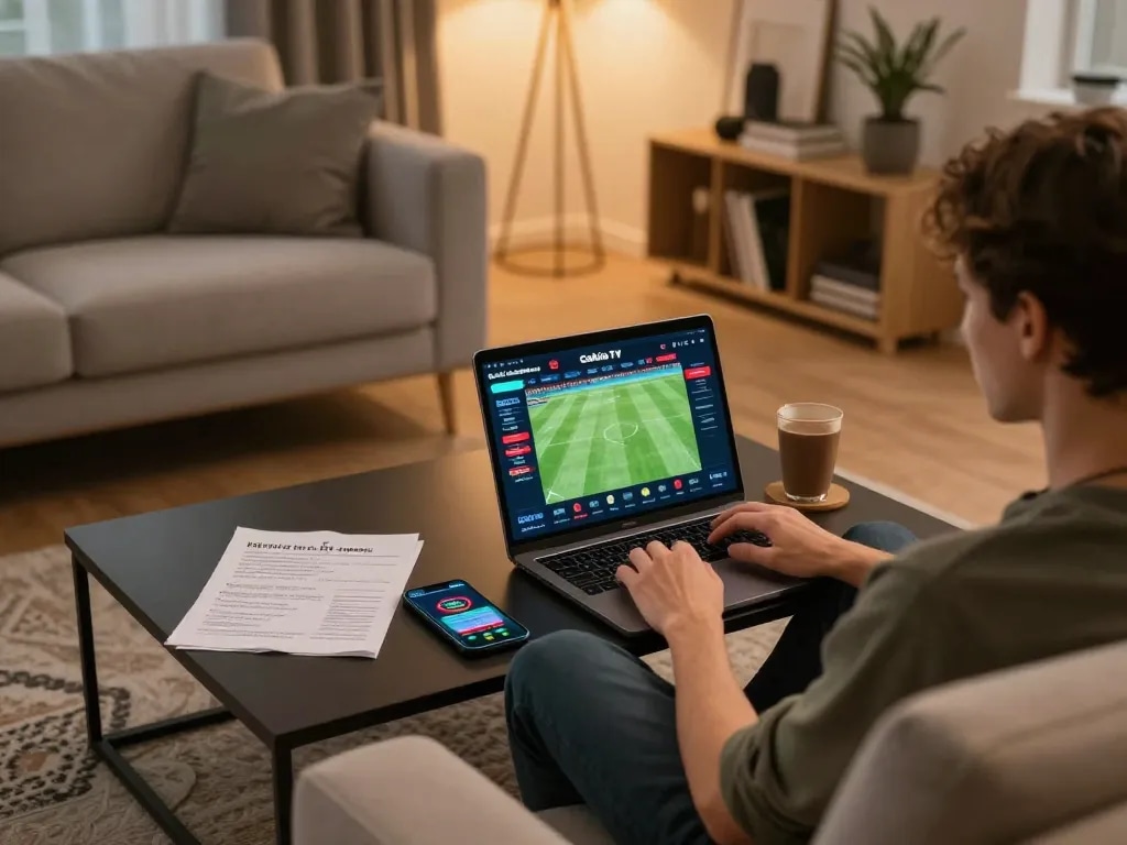Cakhia TV user enjoying live football betting while sipping coffee in a cozy home setup.