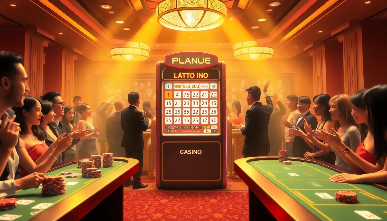 Kết quả xổ số excitement during a live lottery draw in a luxurious casino.