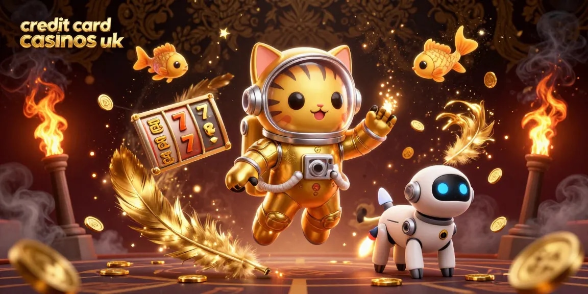 Experience exciting action at credit card casinos UK with a 3D illustrated cat astronaut and robot dog.