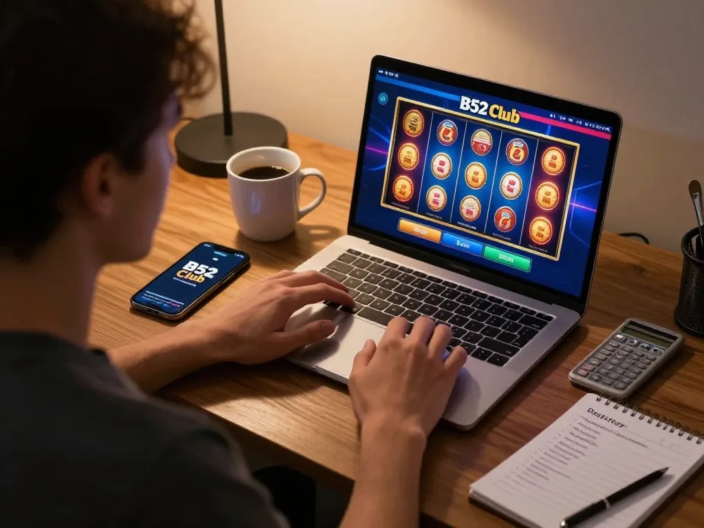 Engaging in B52 Club online casino gaming at home, focusing on strategy and excitement.