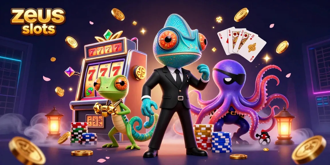 Win big with zeus slots as characters celebrate amidst cascading coins and slot machine reels.