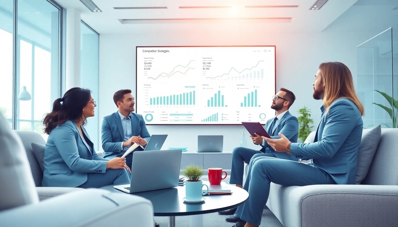 Analyze competitor pricing strategies among business analysts in a modern office environment setting.