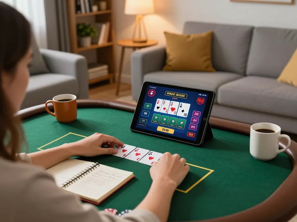 Player enjoying online poker at home with king33 app on tablet, warm atmosphere and strategic gameplay.