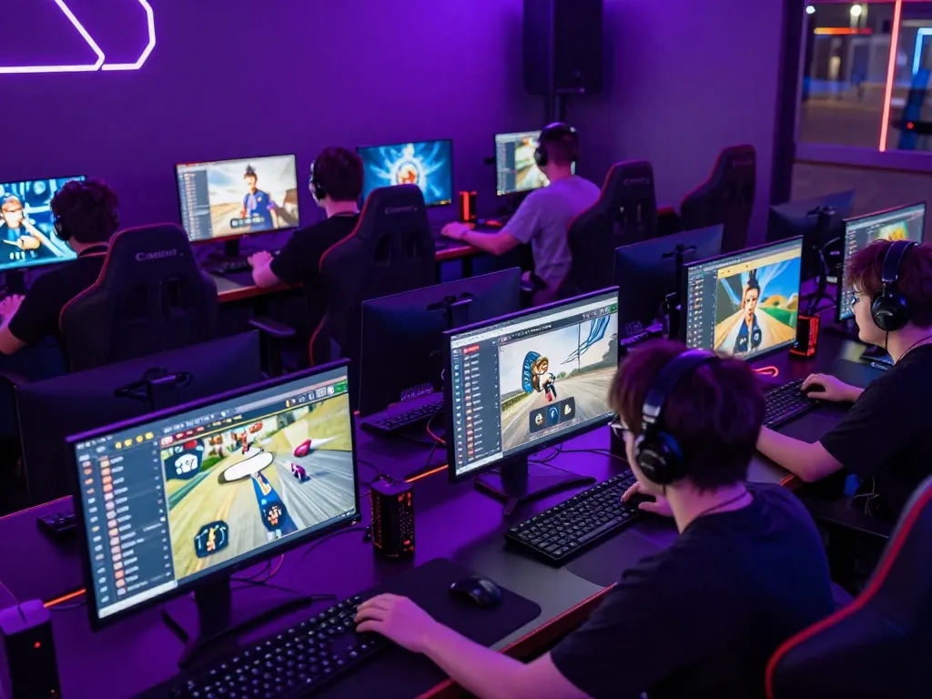 Engaging gaming lobby for mantra88 login featuring vibrant neon colors and active players in a lively atmosphere.